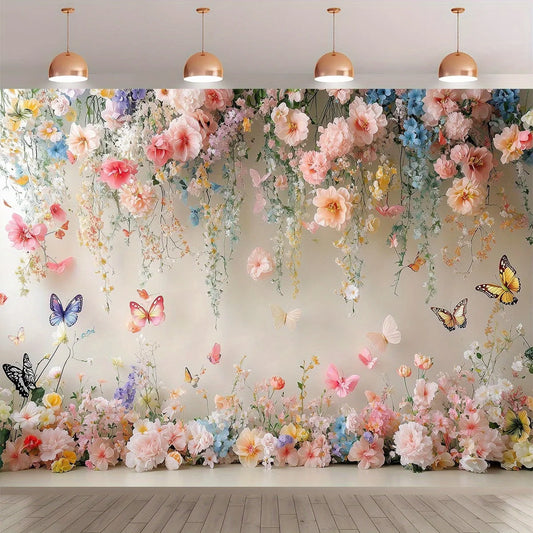 1 polyester photography background with a flower and butterfly garden theme, durable indoor/outdoor festival wall decoration