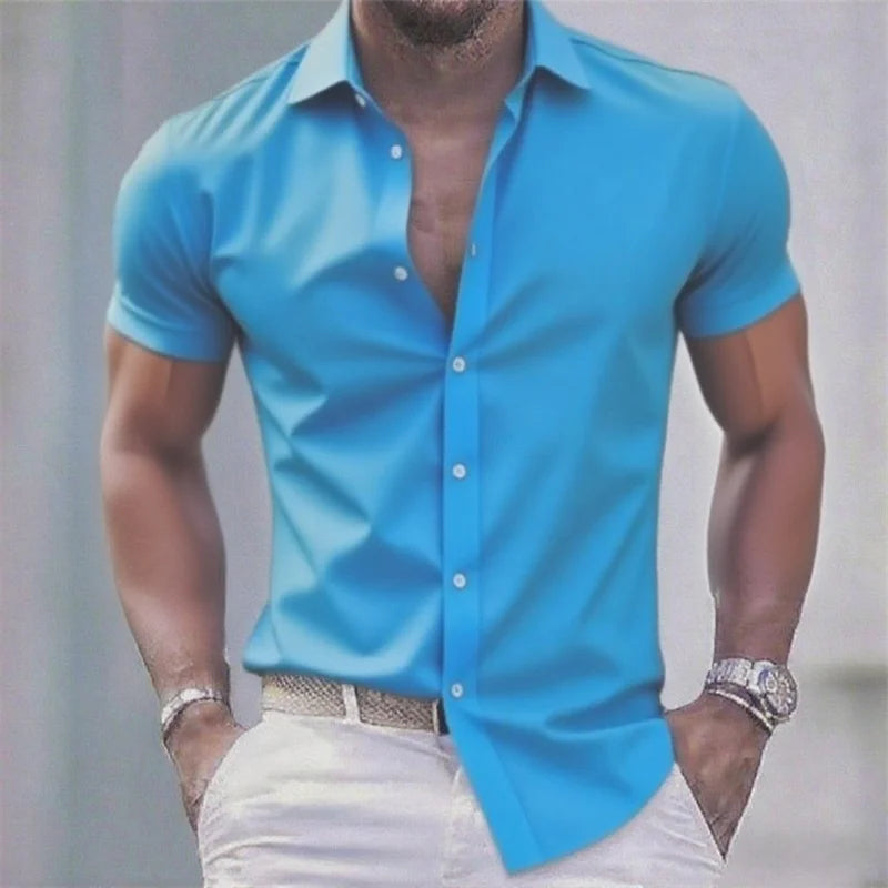Solid color men's casual shirt, fashionable casual short sleeve stretch fabric, business formal shirt, comfortable fabric