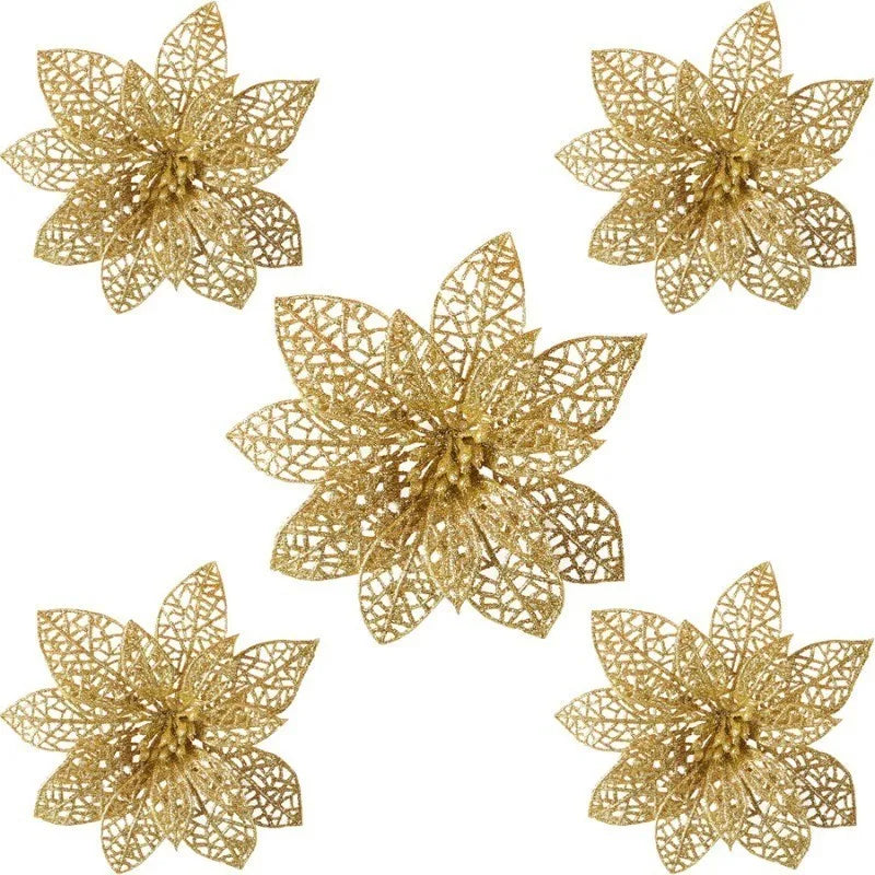 5Pcs Christmas Flowers Glitter Flowers Artificial Berry Christmas Tree Decorations Ornaments Xmas Party Wreath Floral Home Decor