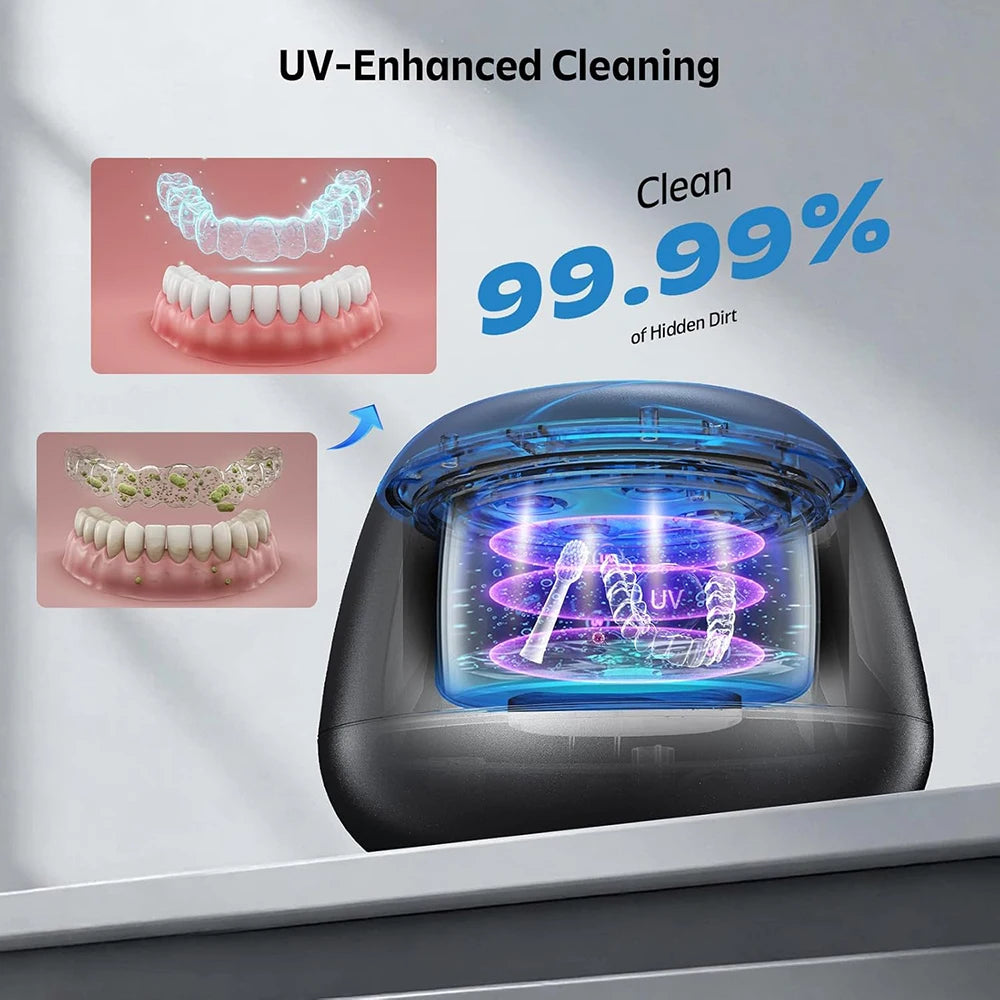 KUNPHY Ultrasonic Retainer Cleaner Machine 48kHz 200ML Dental Cleaning Pod with UV Deep Cleaning for Braces Night Guard Dentures