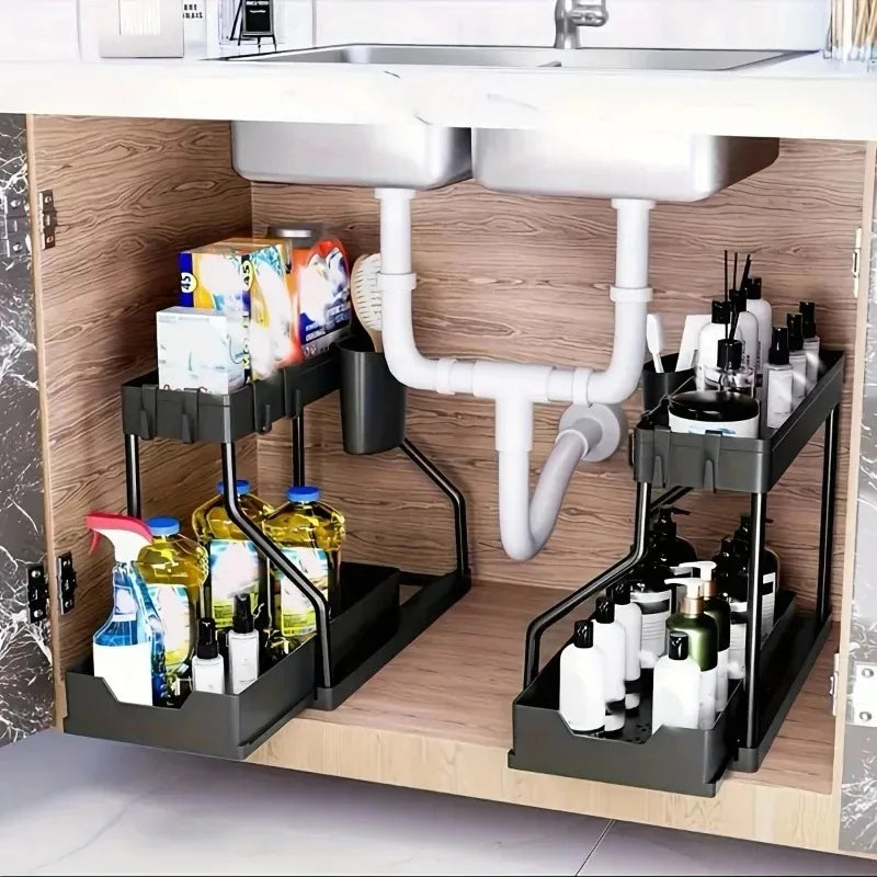 Double-layer pull-out rack, kitchen countertop, push-pull seasoning storage rack, sink rack under cabinet