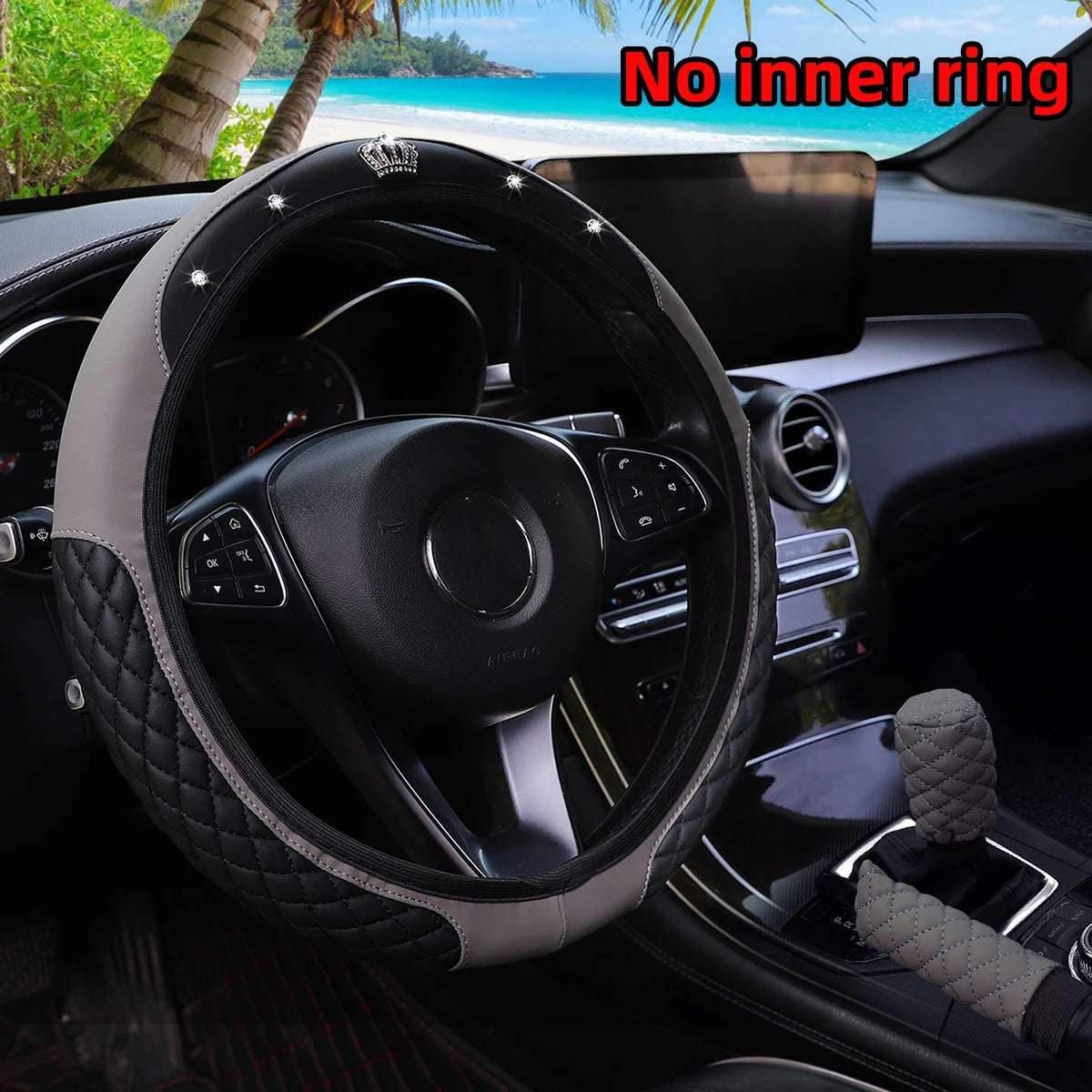 3-piece pu leather embroidered crown diamond car without inner ring steering wheel cover handbrake cover handle cover