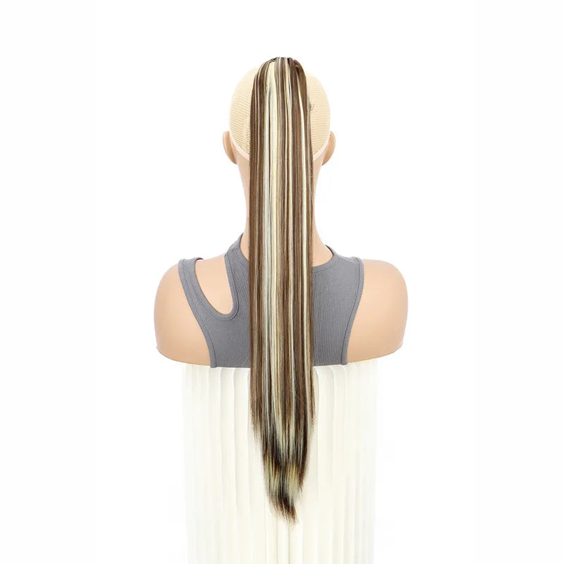 24Inch Synthetic Long Straight Claw Clip On Ponytail Hair Extensions Heat Resistant Ponytail Blonde Black Hairpiece for Women
