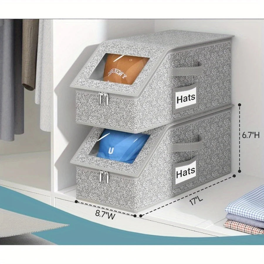 Stackable 13-Hat Storage Box – Clear Window, Zipper Dust-Proof, Foldable Organizer for Caps & Scarves