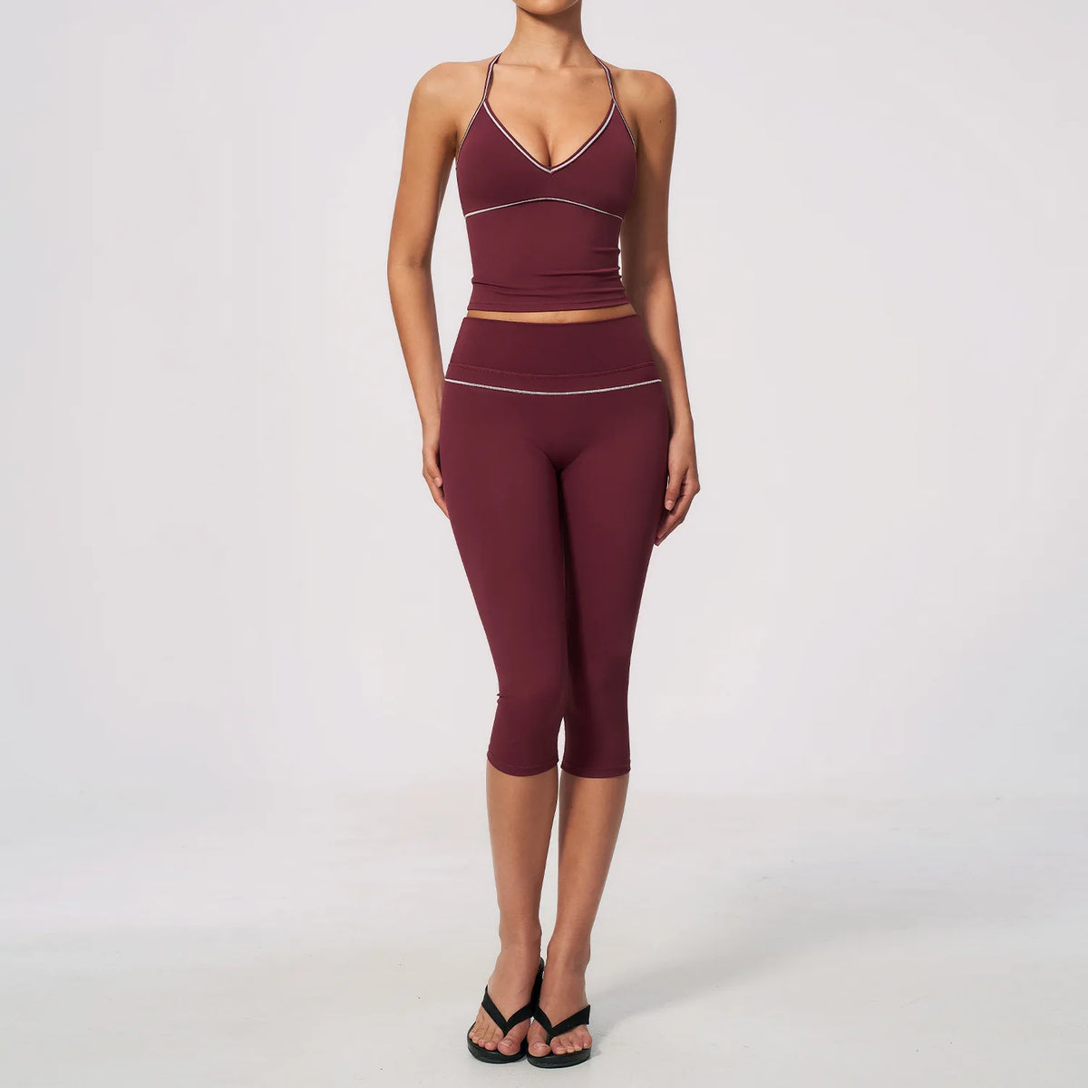 Women 2 Piece Yoga Set V Neck Crop Top and V Back Capri Leggings Butt Lifting Workout Gym Suit Contrast Piping Activewear Female