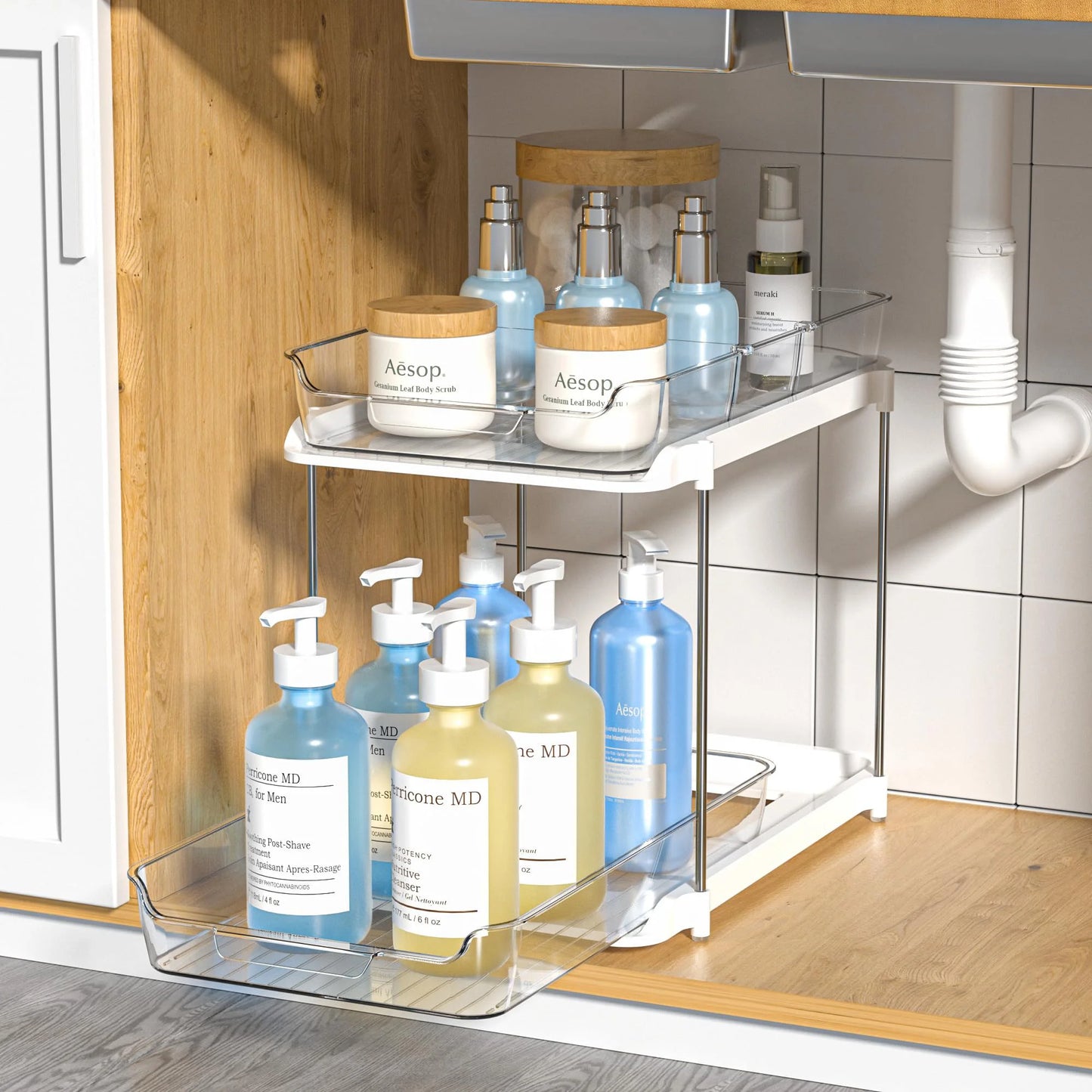 2/3 Tier Under Sink Organizer Sliding Cabinet Basket Organizer Drawer Under Sink Storage Rack Acrylic Bathroom Kitchen Organizer