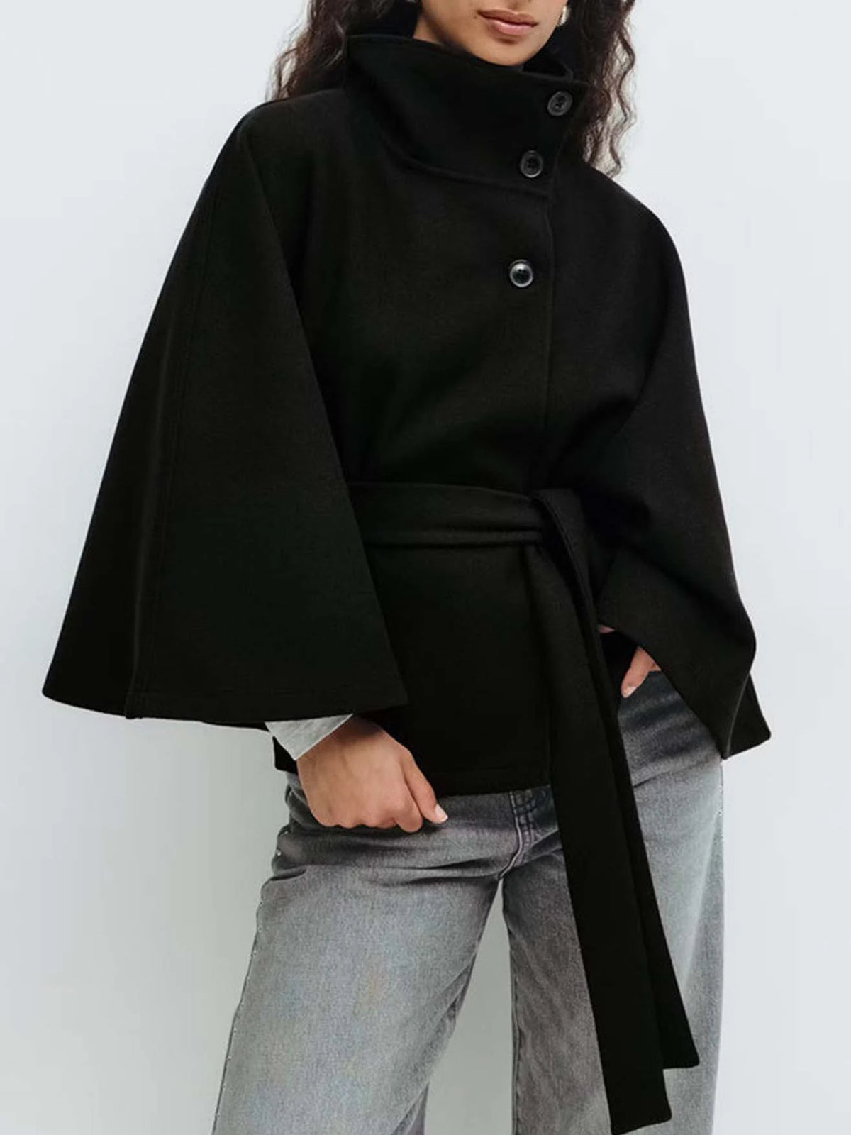 Women Lace Up High Neck Jackets for Women with Belt Elegant Windbreaker Faux Wool Blends Cape Korean Solid Windbreaker Cloak