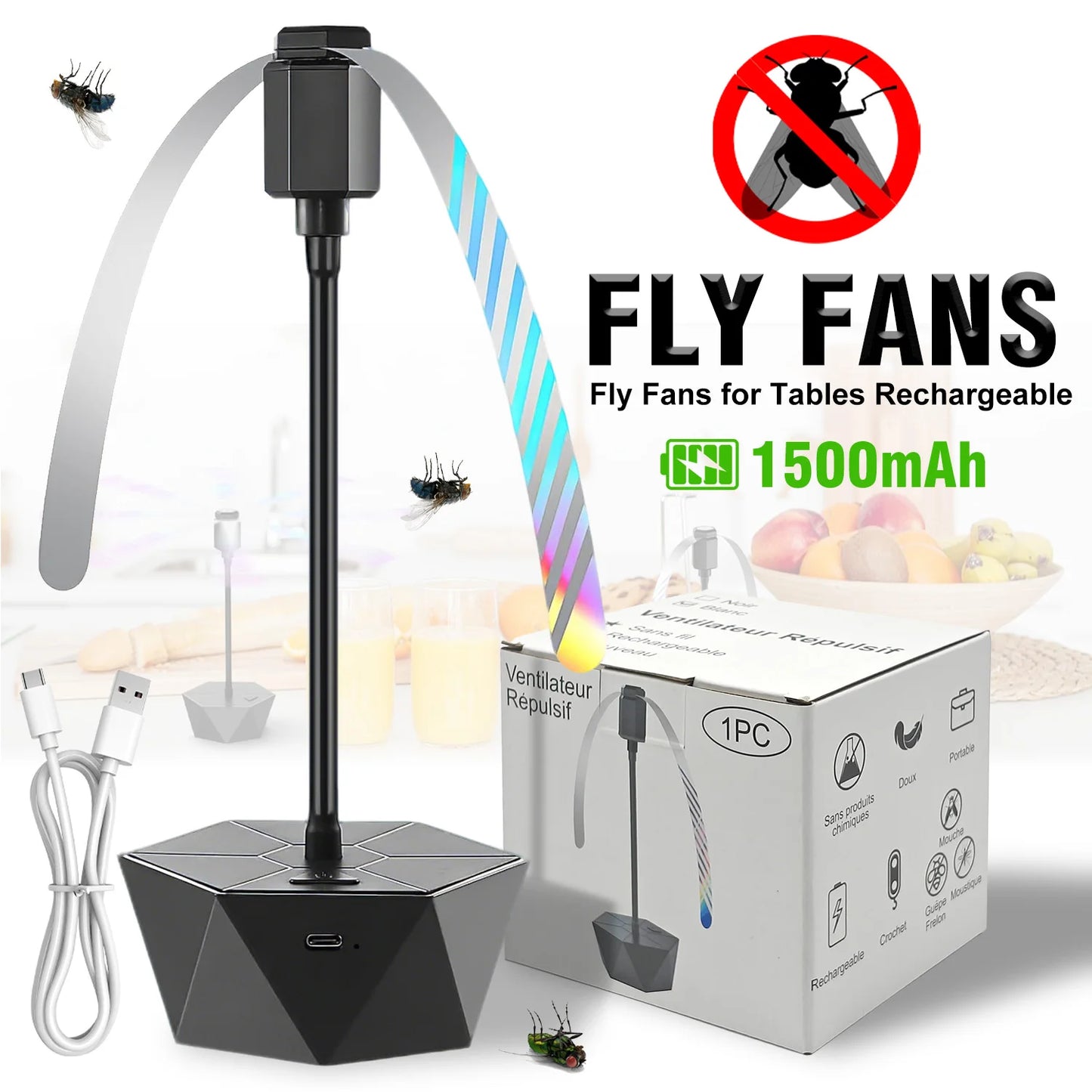 Rechargeable Fly Fan for Tables - Holographic Blades Keep Flies Away Indoors/Outdoors, Ideal for Picnic, Party & BBQ