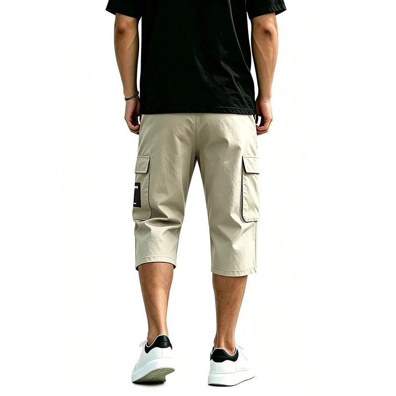 Men 7/8 Length Cargo Capri Pants Drawstring Elastic Waist Large Capacity Flap Side Cargo Pockets Daily Outdoor Casual Trousers