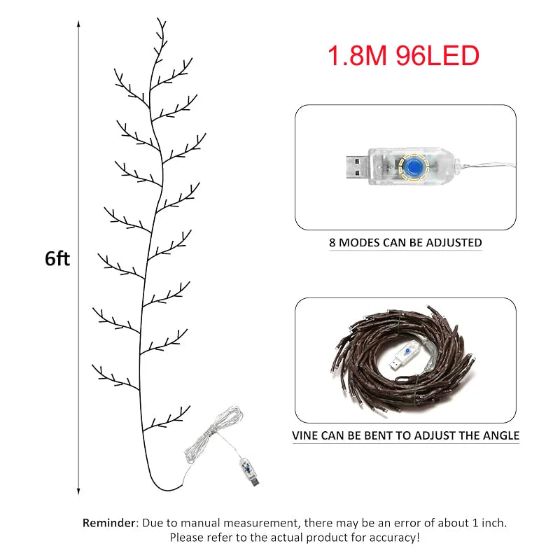 144LED Vine Branch String Lights Artificial Willow Vine Light USB Bendable DIY Indoor Decor Lighting for Bedroom Wall Holiday