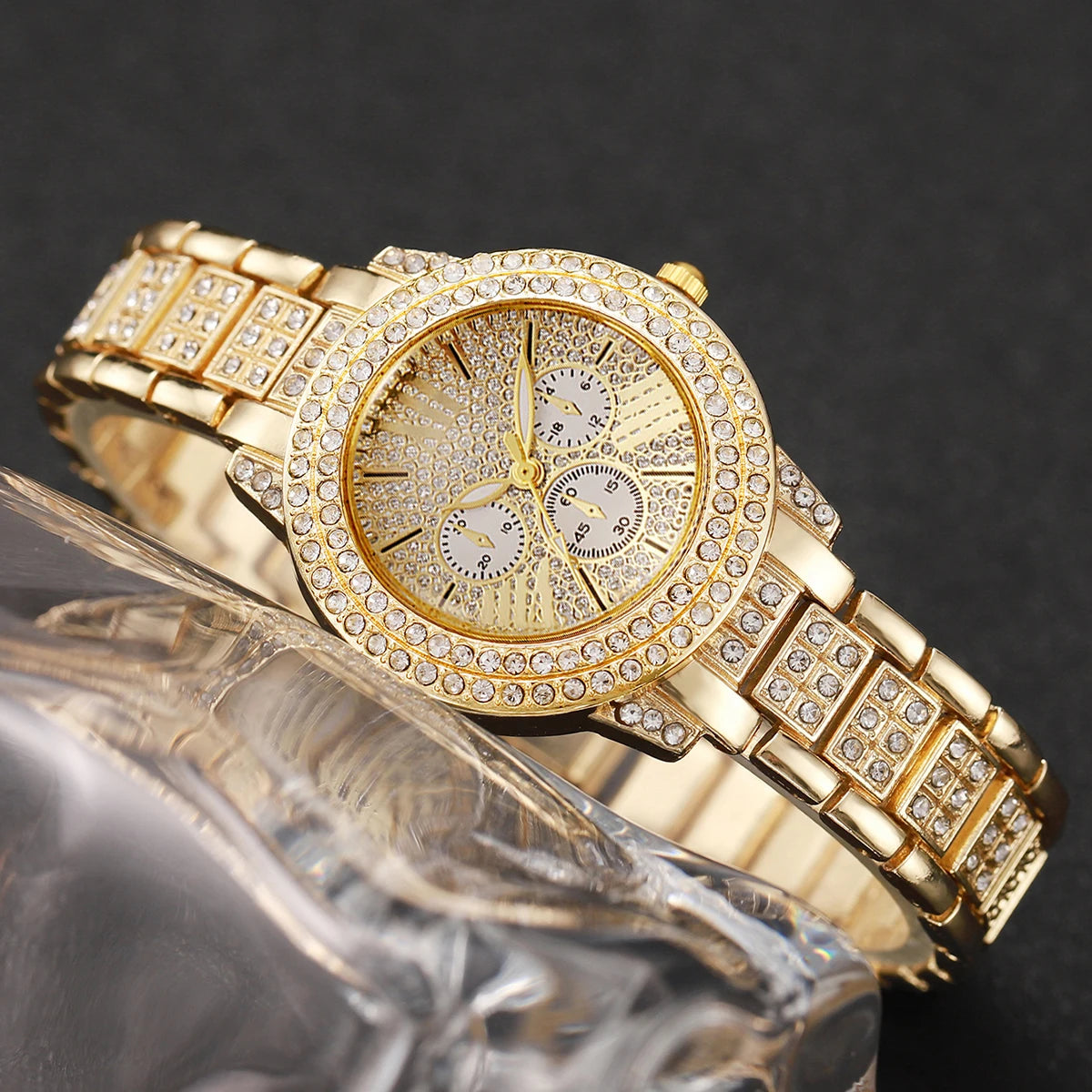 6PCS Luxury Rhinestone Women Watches Jewelry Set Fashion Roma Dial Quartz Wristwatch Accessories Relogio Feminino Clock Gift