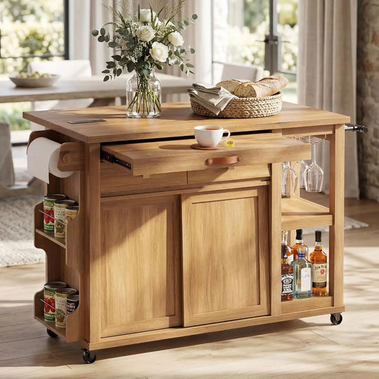Kitchen Island with Storage & Charging Station, Rolling Kitchen Island Table on Wheels with Drop Leaf & 2 Drawers,, Customized
