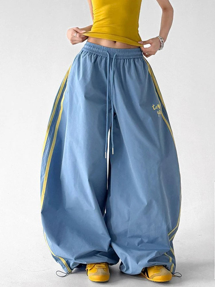 Hip Hop Striped Cargo Pant Women Streetwear Vintage Y2K Parachute Pants Loose Summer American Bf High Waist Letter Trousers New