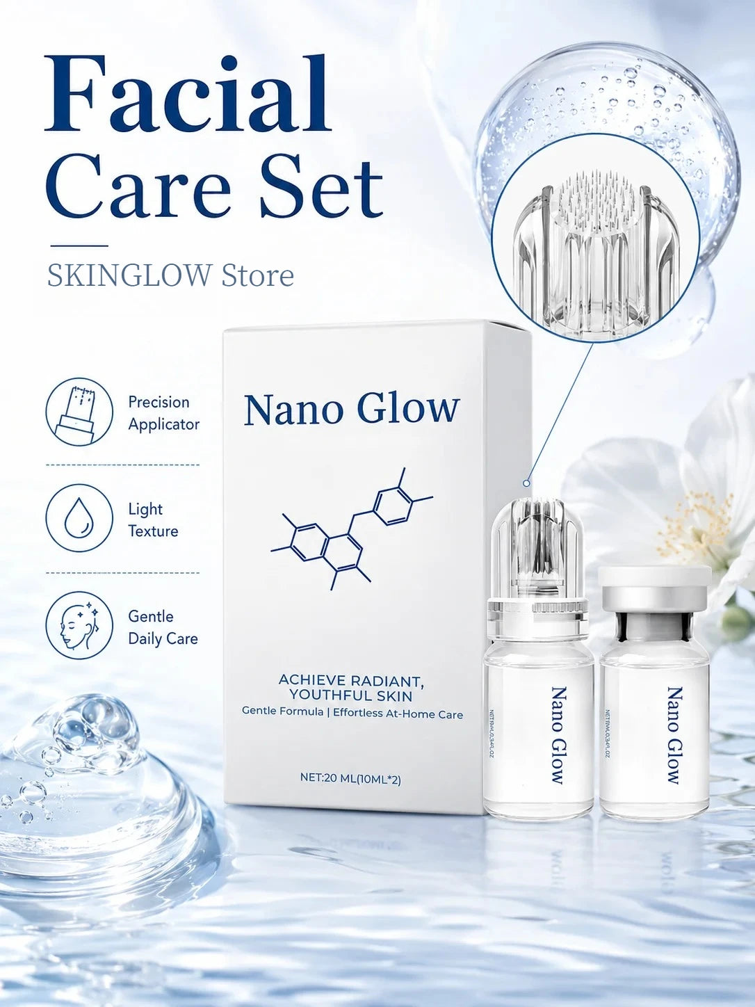 Nano Glow Anti-Aging Serum Kit 2*10ML with Facial Microneedle Roller Hydrating Radiant Youth Skin Home Skin Care