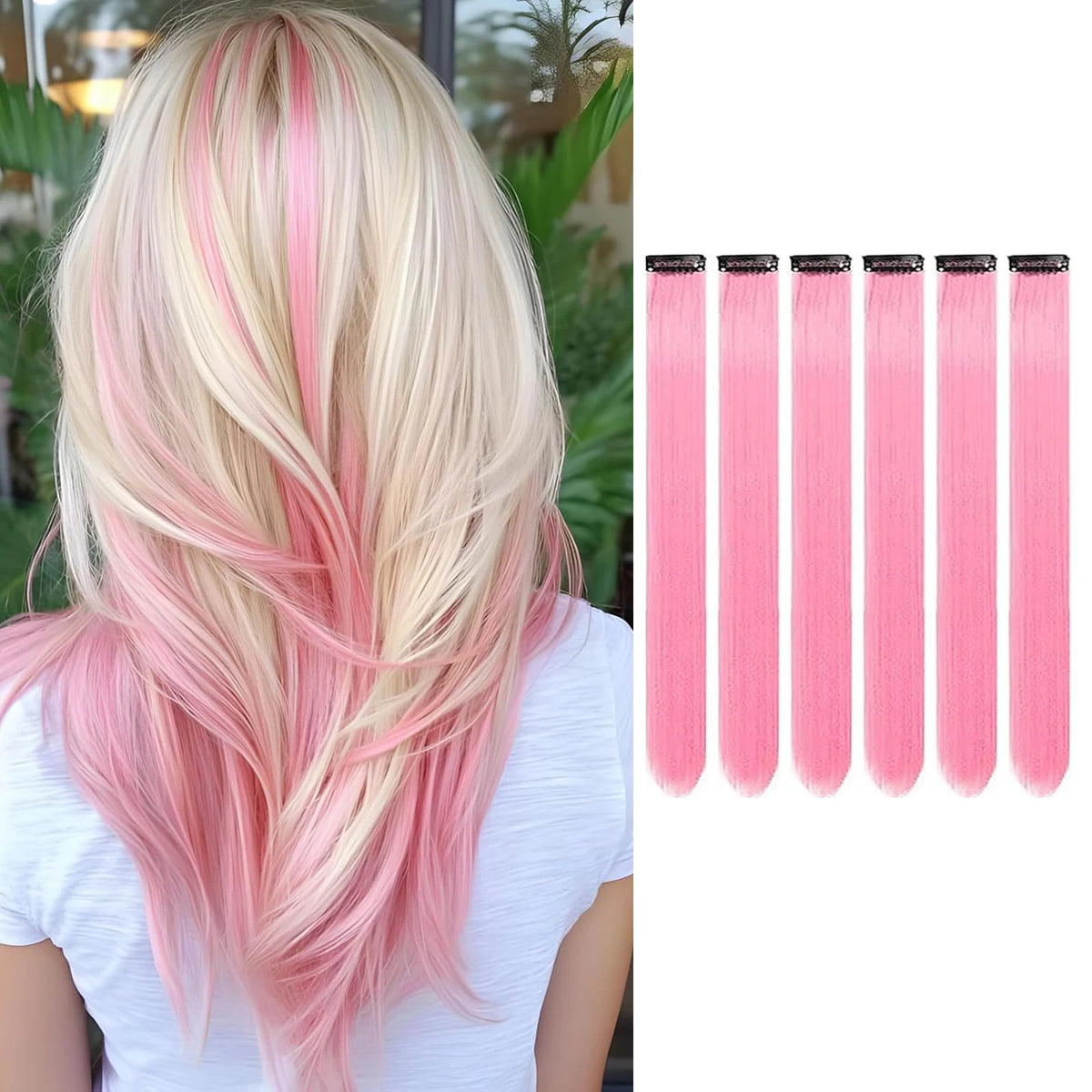 6 PCS Clip In Hair Extensions 22 Inch Long Straight Heat Resistant Synthetic Hair Highlights, Easy to Use Colorful Hairpieces