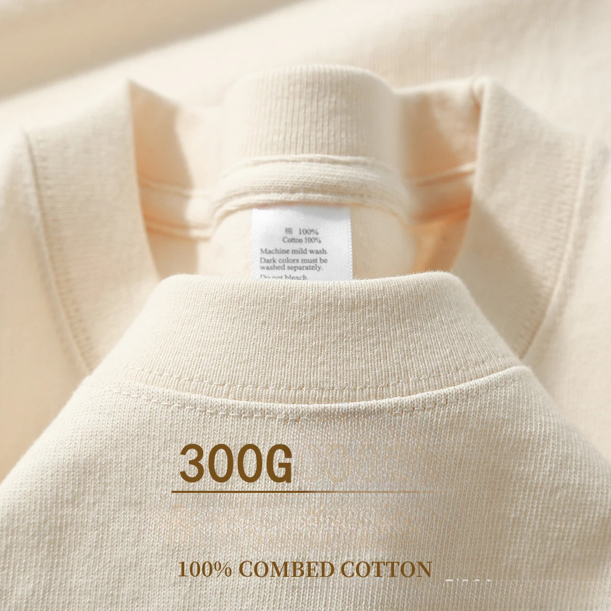 Beige 300g Heavyweight Cotton T-shirt, Loose Summer Round Neck Basic Tee for Men & Women