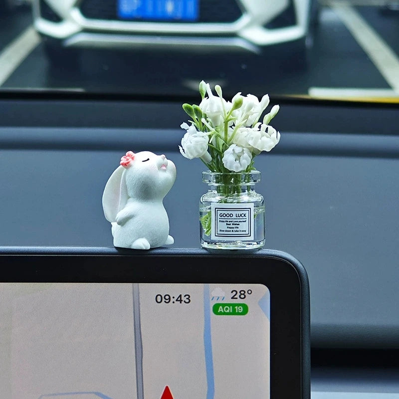 Cute Bunny Car Air Freshener Mini Vase Ornament Auto Center Console Smart Screen Floral Fragrance Pendant Decor