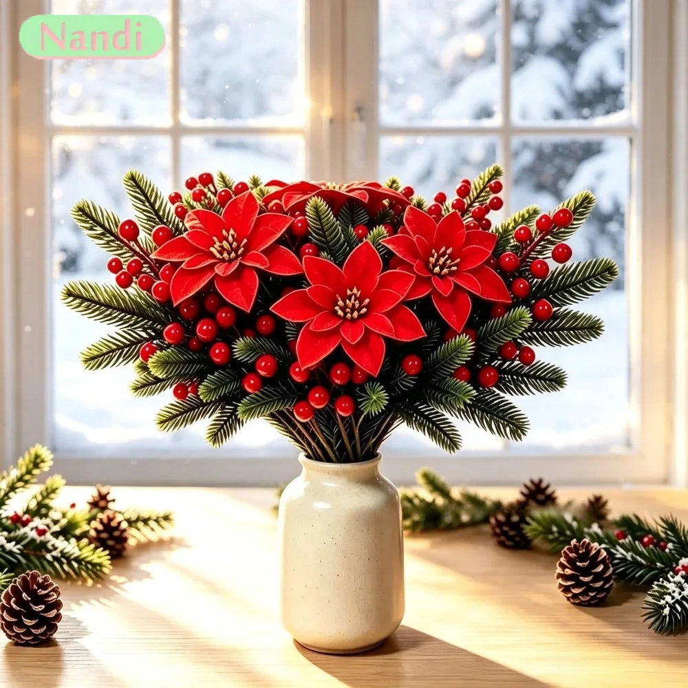 10pcs Poinsettia Christmas Flower Christmas Tree Decoration Single Head Flower Red Fruit And Pine Needle Vase Desktop Decoration
