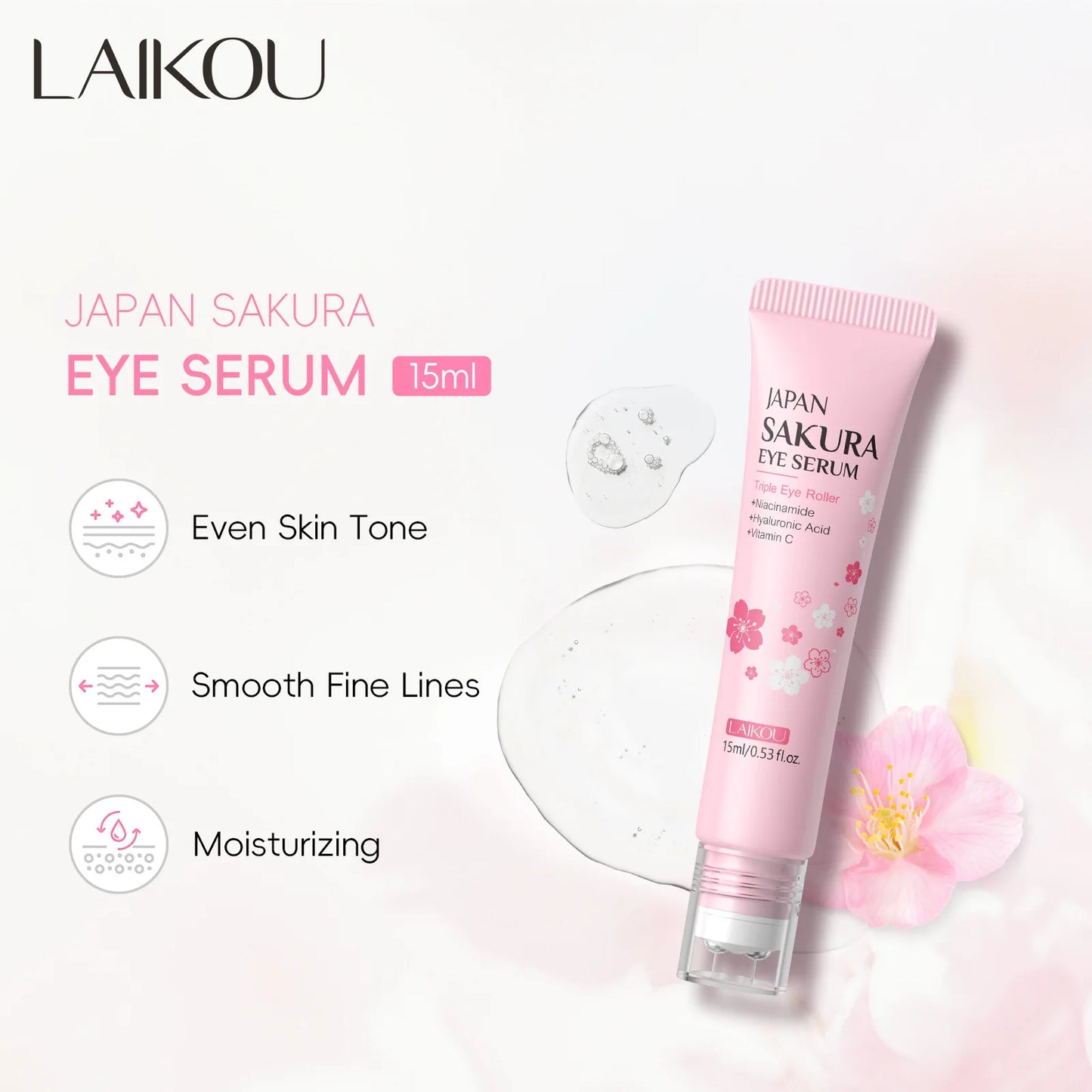 LAIKOU Japan Sakura Eye Serum Hydrating Eye Essence Reduces Dark Circles Brightens Tired Eyes Fades Fine Lines Gentle Daily Use