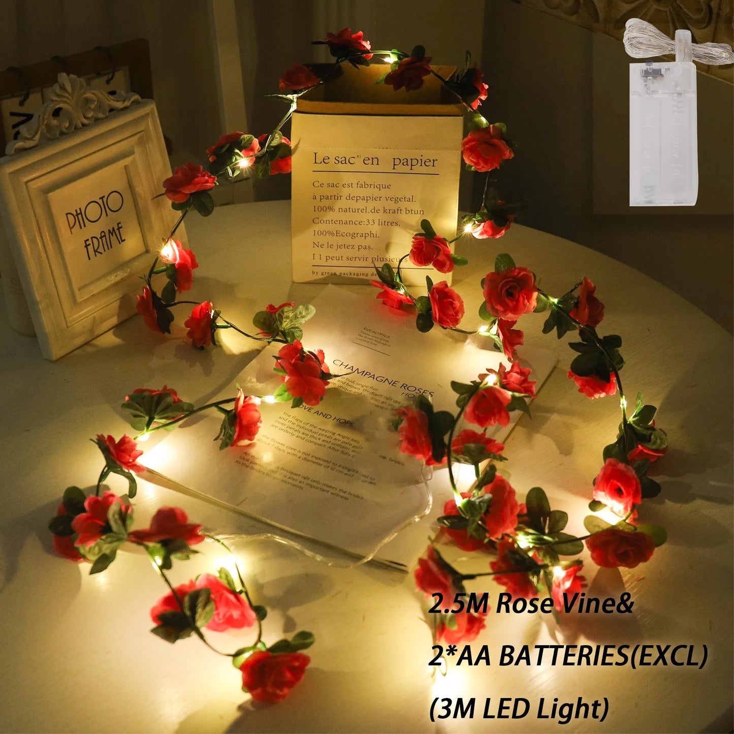 Rose LED Lights String Artificial Flowers Ivy Leaves Wedding Garland Home Room Decoration Arch Hanging Wall Garden Party Decor