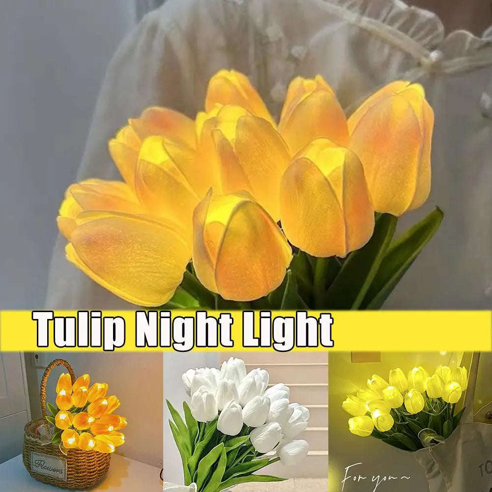 LED Tulip Flowers Night Light Simulation PU Artificial Bouquet Table Lamp For Wedding Valentine's Day Birthday Gift Decor