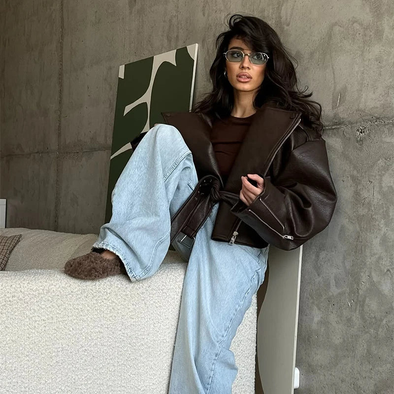 Casual Dark Red  Zipper Leather Short Jackets Women Long Sleeve Lace Up Lapel Loose Button Coat Lady Daily High Street Wear 2026
