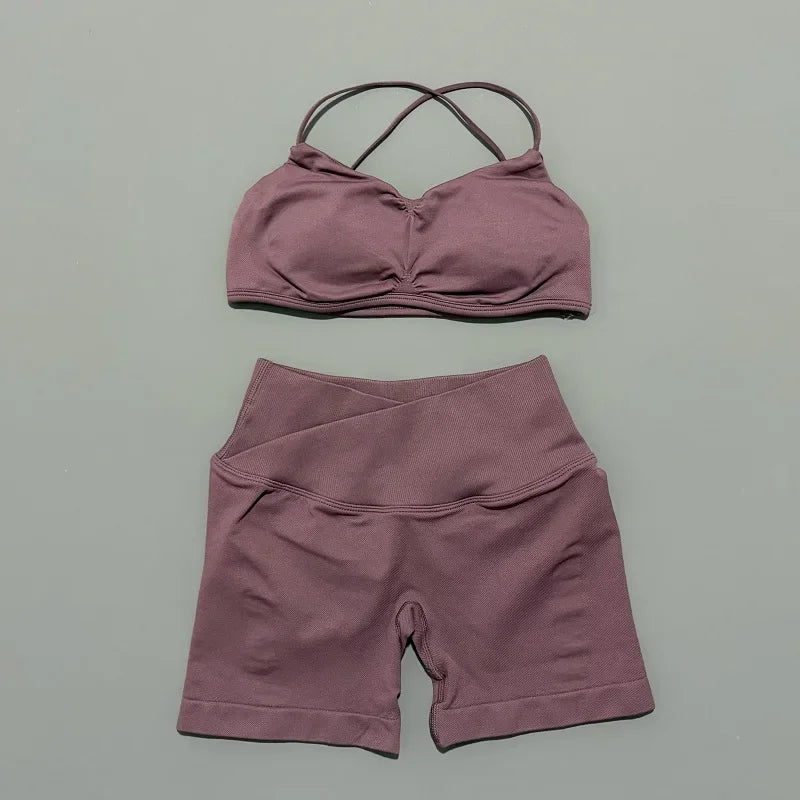 2 Piece Yoga Set Women Criss‑Cross Back Straps Bralette Crossover Waist Yoga Shorts Buttery-Soft Gym Training Workout Activewear
