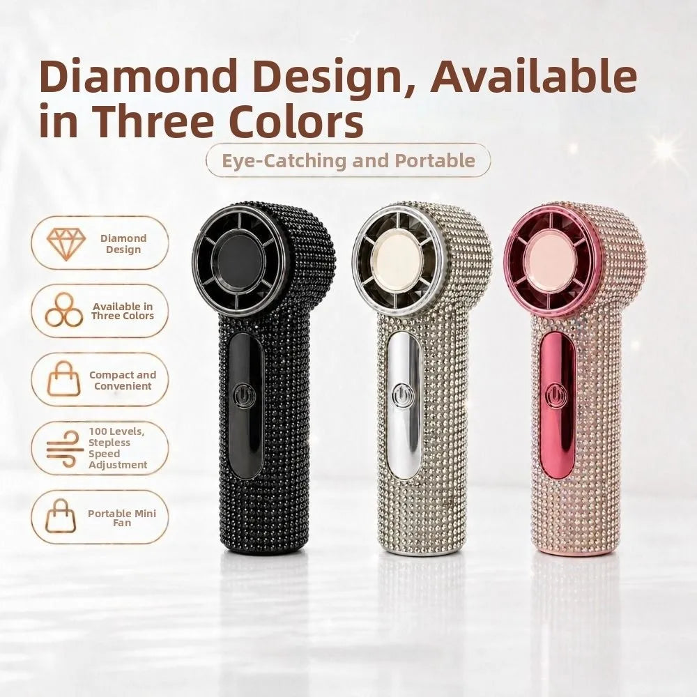 Digital Display Rhinestone Handheld Fan Sparkling 100 Gears Portable Hand Fan Quiet Operation Strong Wind Personal Electric Fan