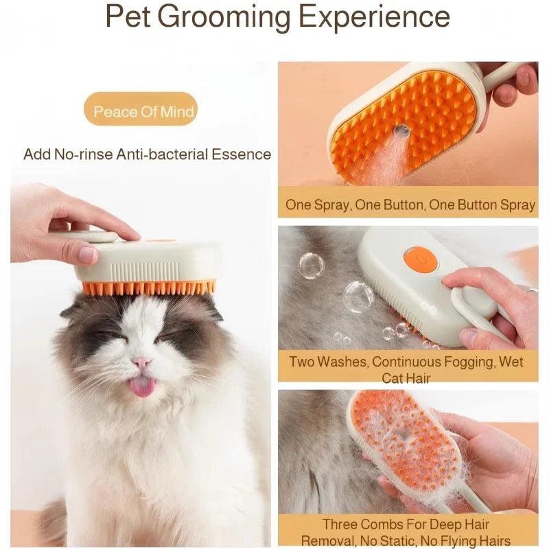Pet Steam Spray Comb for Detangling and Deshedding 3-in-1 Hair Removal No-Wash Cleaning Massage Grooming Brush for Cats and Dogs