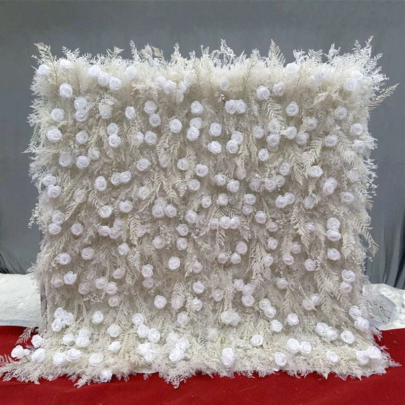 Luxur white Rose Roll Up Cloth 5D Flower Wall Arrangement Wedding Backdrop Decor Hanging Curtain Green Plants Wall Party Props