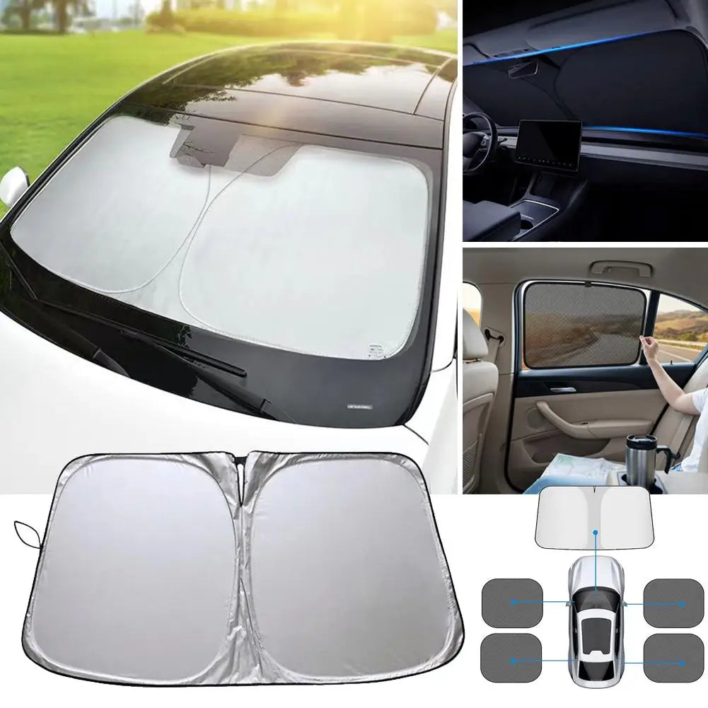 Car Sunshade Set Titanium Silver Front Windshield Cover with Side Window Shades Foldable UV Heat Shield for Sedan SUV MPV