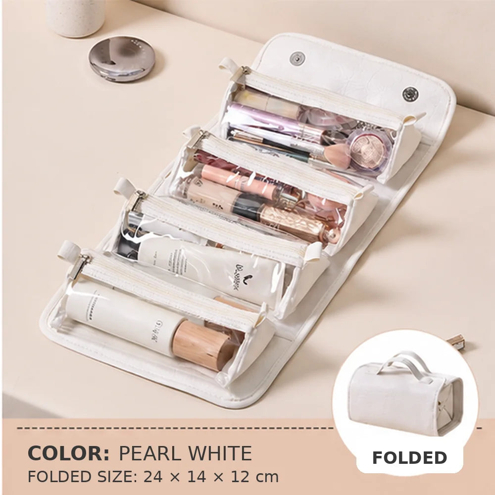 Travel Makeup Bag for Women on Business Trips, 4 Detachable Clear Pouches, Foldable Hanging Cosmetic Toiletry Organizer