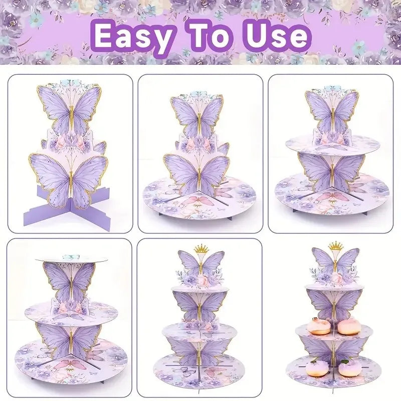 Buttleply 3 Tier Cupcake Stand Purple Butterfly Cupcake Stand Decoration - 3-Tier Butterfly Floral Crown Cupcake Tower Cardboard