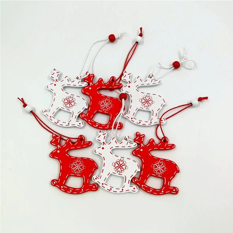 12pcs/St New Christmas Decoration Pure Wood Pendant Elk Bell Snowflake Stars Wood Pendant Christmas Tree Pendant Decor Supplies