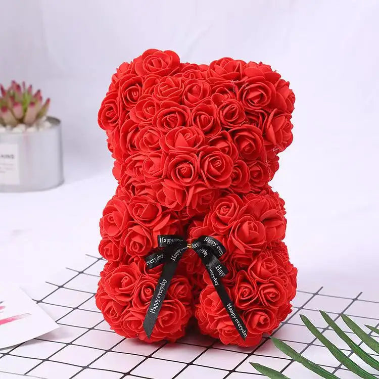 25cm Artificial Teddy Rose Flower Bear with Box Romantic Valentines Day Gift Girlfriend Women Anniversary Wedding Party Supplies