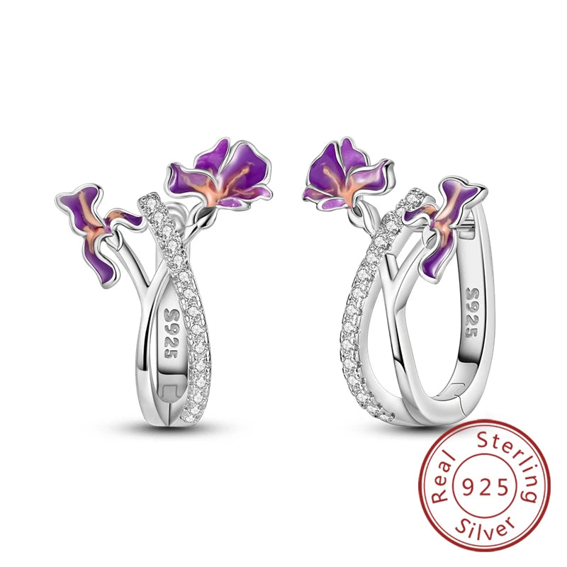 New Original 925 Sterling Silver Hoop Earrings Purple Zircon Flowers Butterflies Studs Earring For Women Wedding Engagement Gift