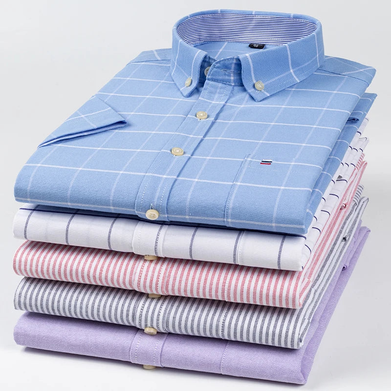 Plus Size 7XL Summer Short Sleeve Shirt 100%Cotton Shirts for Men White Plaid Striped Social Slim Fit Formal Business Clothing
