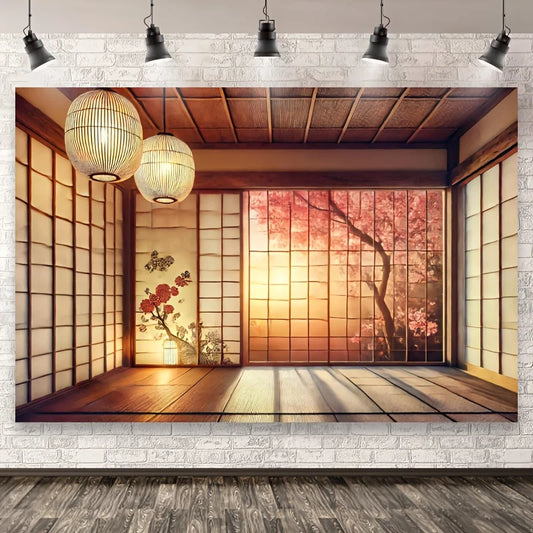 1 piece of Japanese shoji screen background, polyester cherry blossom studio wall decoration, Asian-themed photography backdrop