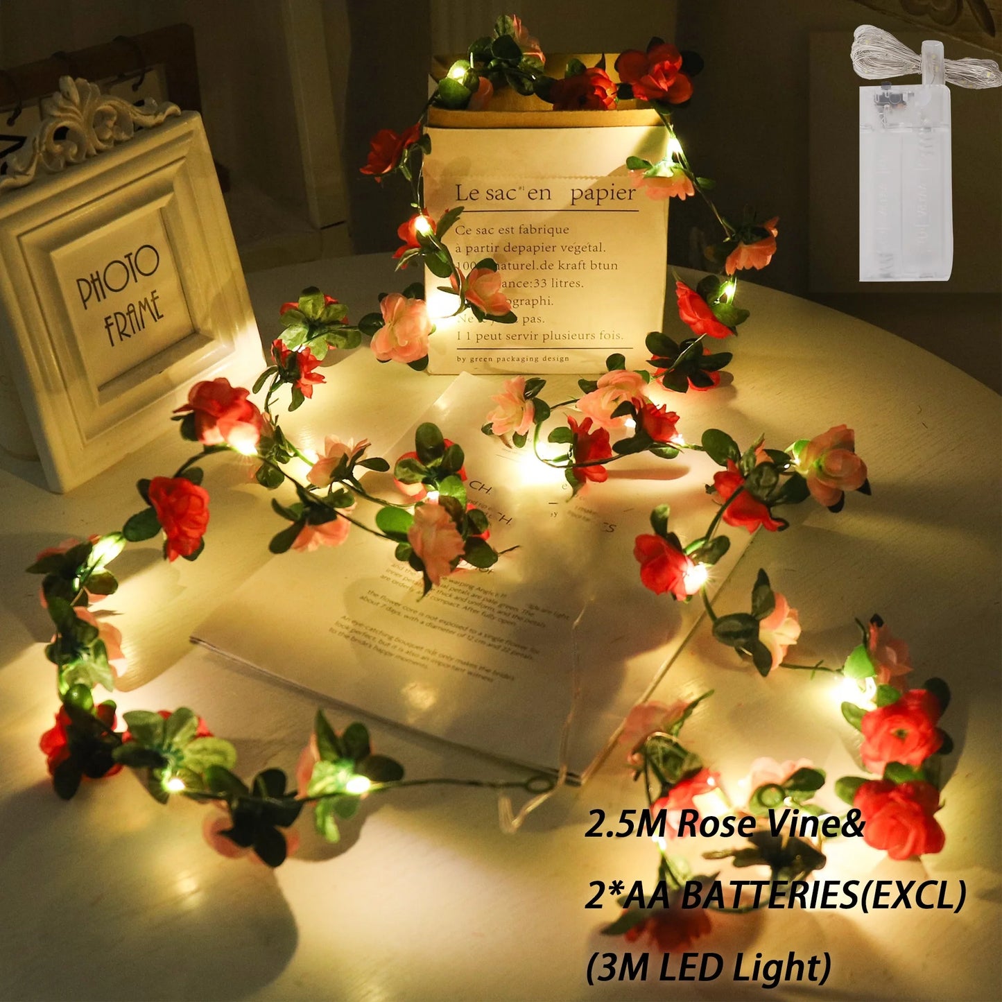 Rose LED Lights String Artificial Flowers Ivy Leaves Wedding Garland Home Room Decoration Arch Hanging Wall Garden Party Decor