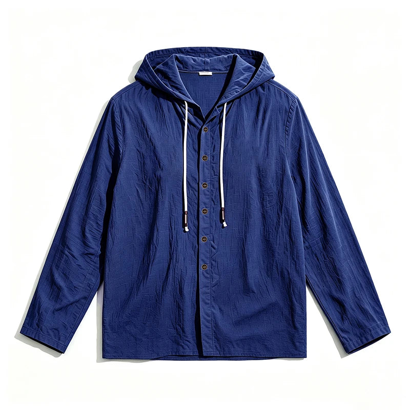 2026 New Men Cotton Linen Hooded Long Sleeve Shirt Drawstring Hood Casual Beach Vacation Travel Daily Walking Button Down Blouse