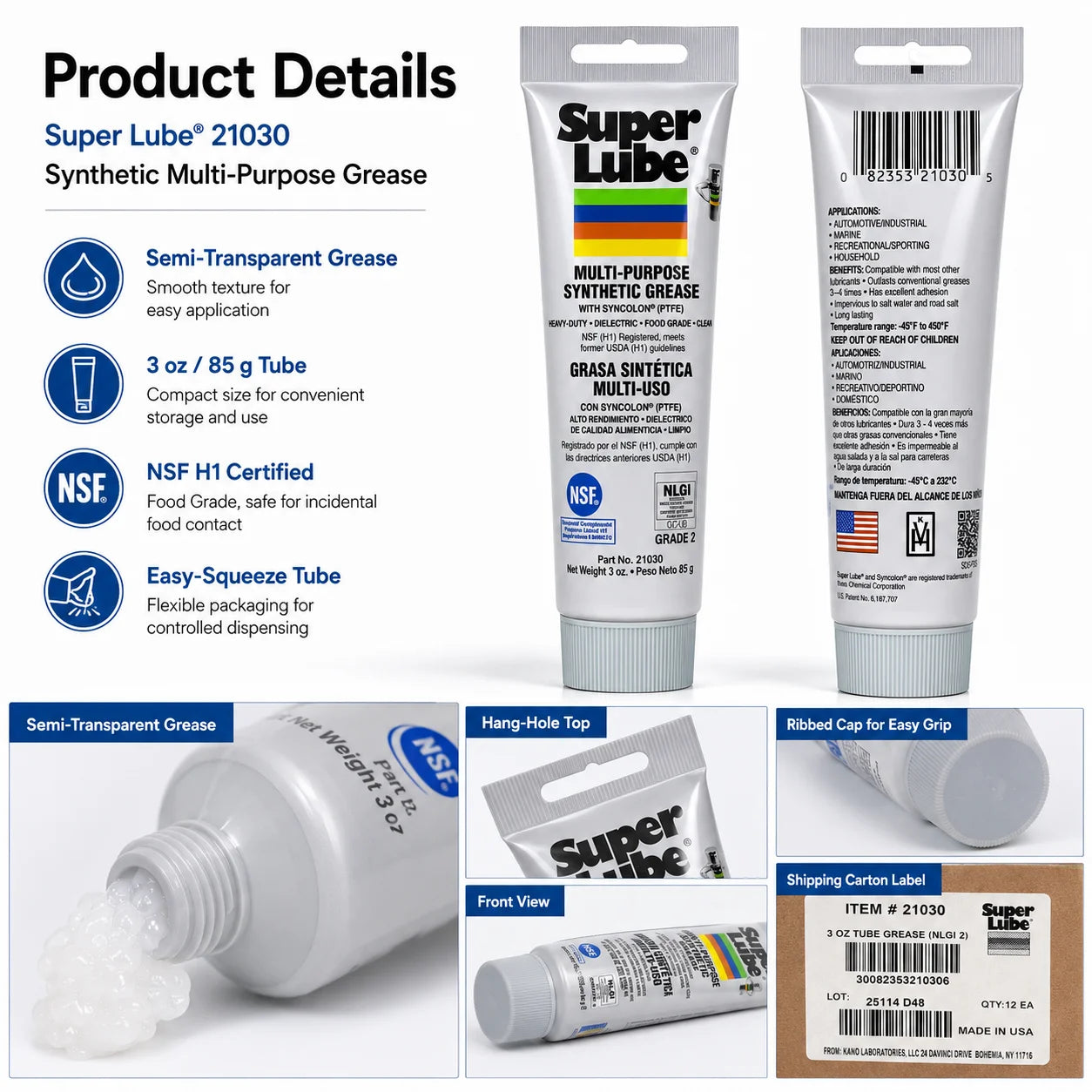 Super Lube 21030 Multi-Purpose Synthetic Grease 3oz 85g NLGI 2 Food Grade PTFE Lubricant for Bearing O-Ring