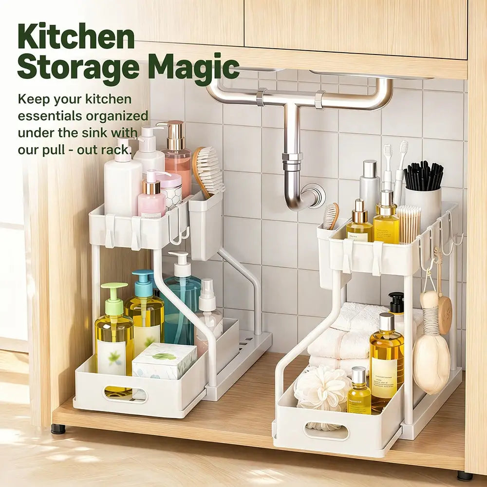 2-Tier Under Sink Organizer with Pull Out Drawer, Slide-Out Cabinet Storage Rack, Stainless Steel Kitchen Shelf with 5 Hooks & 2 Hanging Baskets