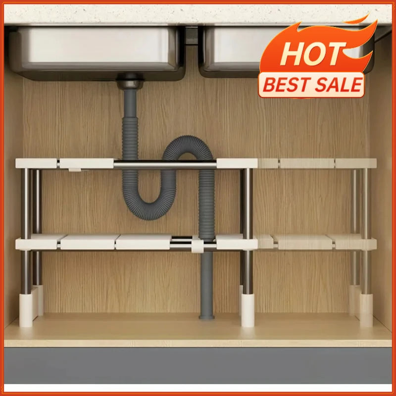 Adjustable Under Sink Storage Rack,Expandable Kitchen & Bathroom Cabinet Organizer, Durable Space-Saving Multi-Layer Pot Holder