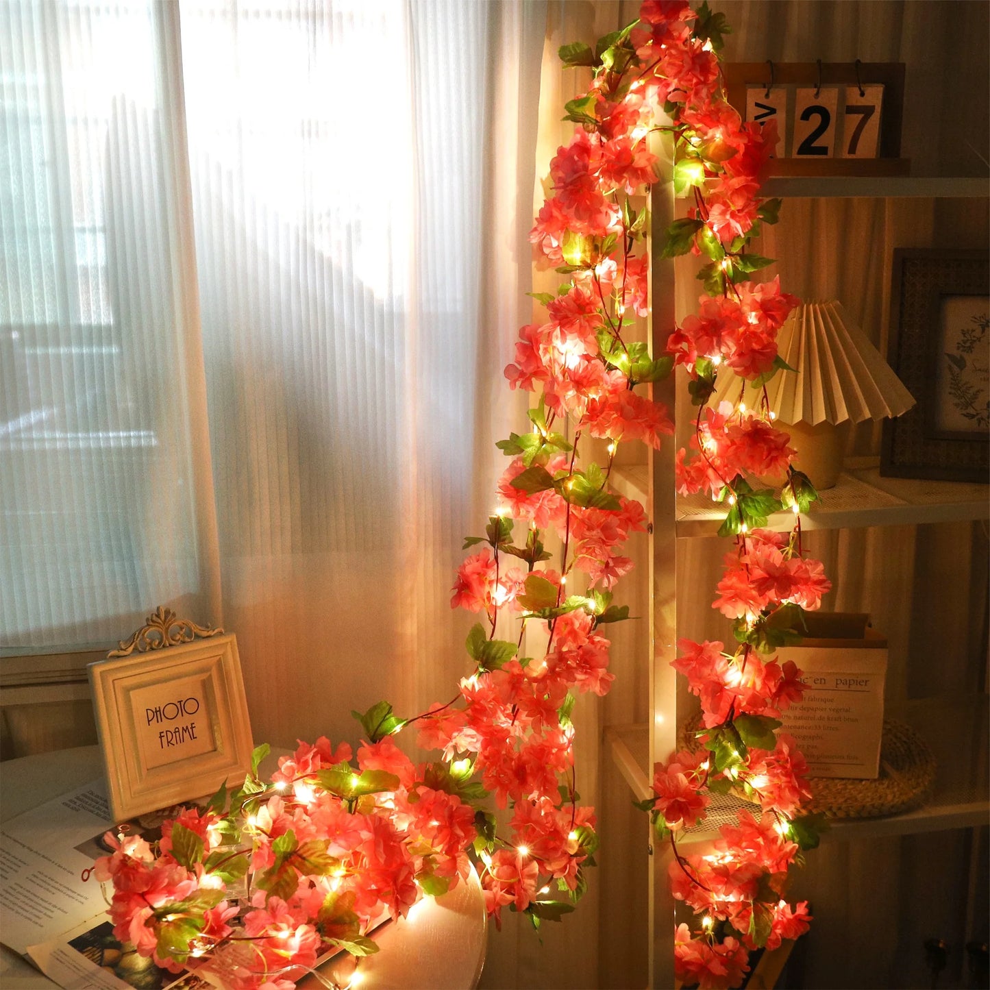 Cherry Blossom LED Light Artificial Flowers Vines For Wedding Party Home Decoration Hanging Wall Garden Arch Christmas Ornament