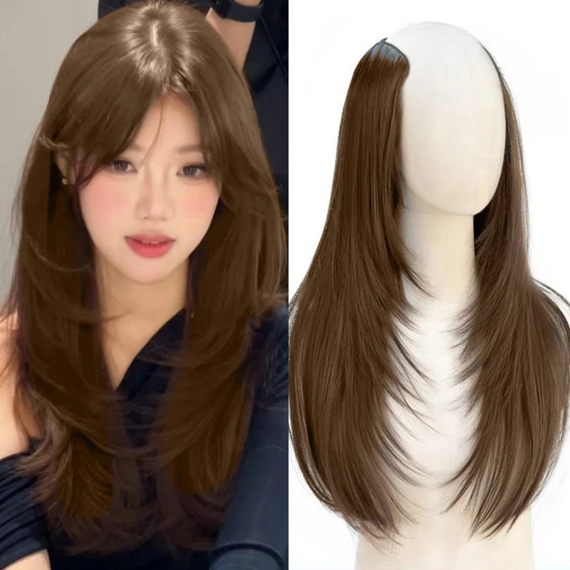 Clip in Hair Extensions Wig Synthetic Hairpiece High Layered Inward-Curled Hair Extensions with 5 Clips for Women Daily Use