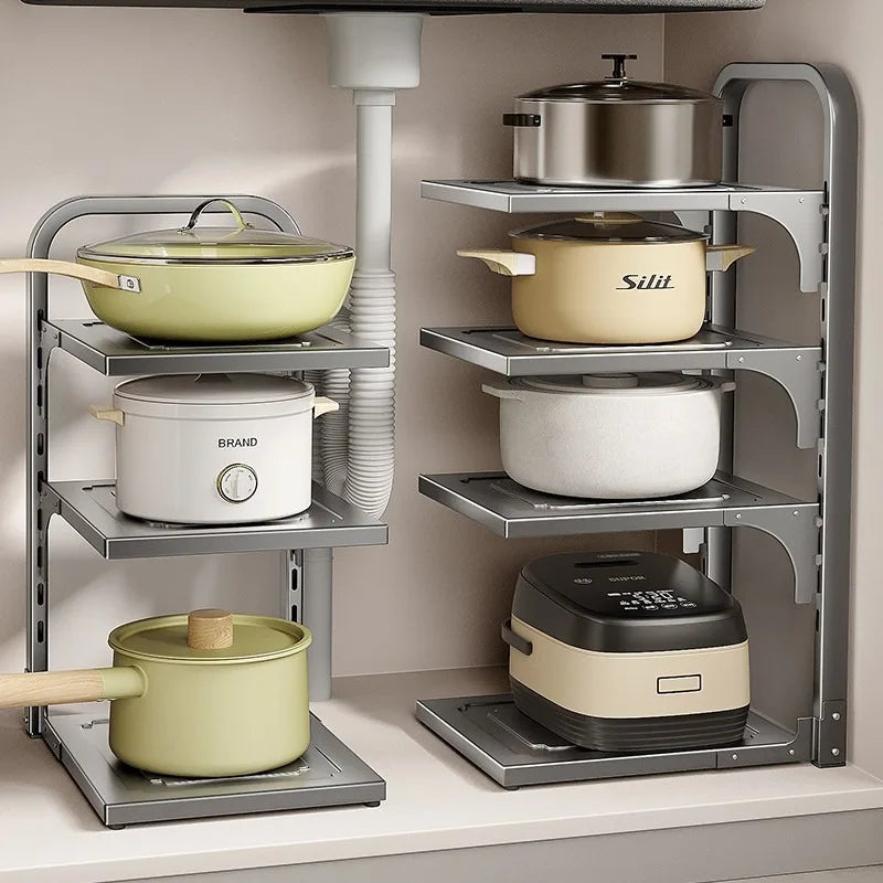 Multilayer Kitchen Storage Shelf Stainless Steel Space Saving Organizer for Pots Pans Under Sink Cabinet