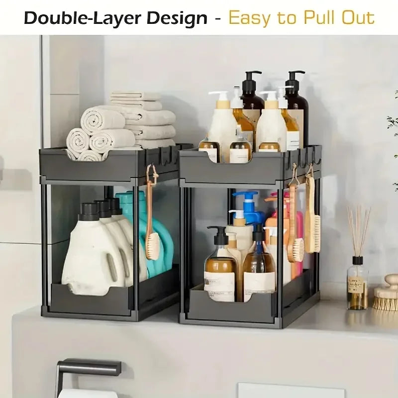 2-Tier Sliding Pull Out Kitchen Storage Rack PP Drawer Organizer for Under Sink Cabinet Bathroom Countertop Space Saving Basket