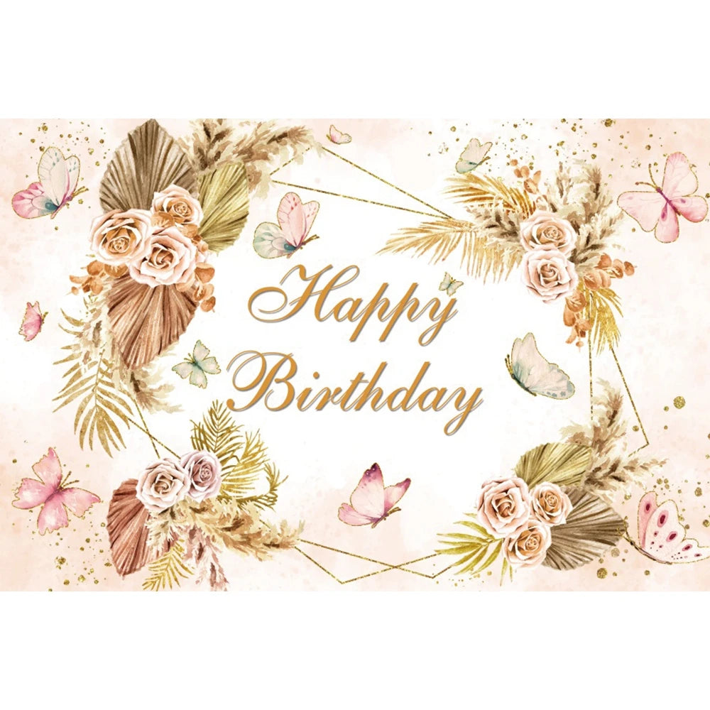 Happy Birthday Backdrop Gold Frame Frame Flower Butterfly Baby Shower Adult Anniversary Birthday Party Photography Background