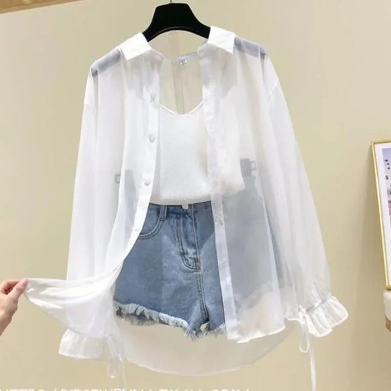 Smvp Chiffon Blouses for Women Summer Thin Loose Button-Up Sunscreen Shirt Woman Korean Fashion Bow Lace-up Long Sleeve Shirts