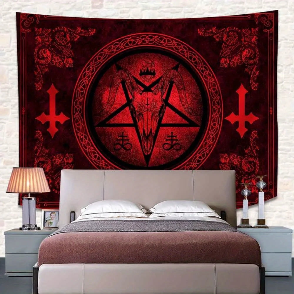 VIKAMA Halloween Dark Night Ritual Tapestry Satanic Goat Head Witch Secret Chamber Altar Bar Room Decoration
